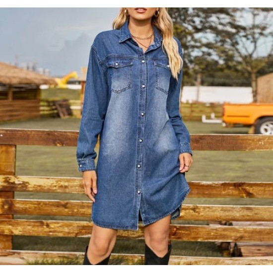 Casual Jeans Shirt Women's Sundress  Denim Dress