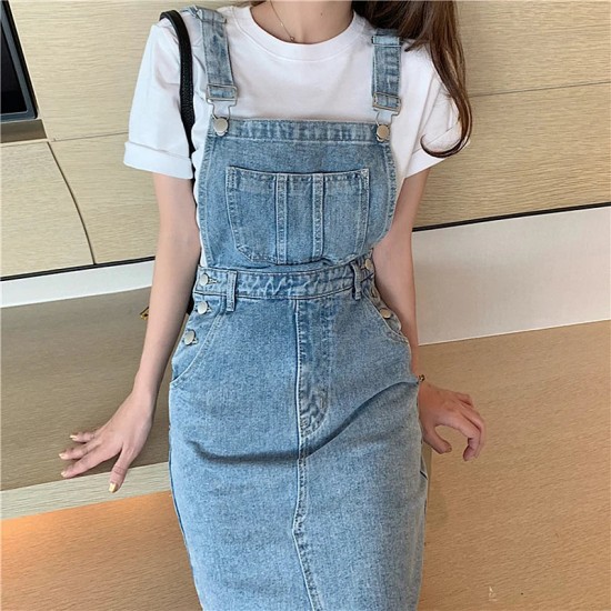Denim Streetwear Sleeveless Pockets Jeans Long Sundress Denim Streetwear Sleeveless Pockets Jeans Long Sundress