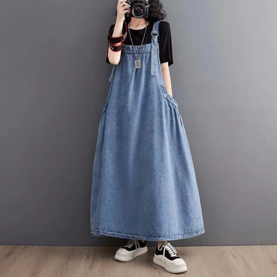 Denim Suspender Long Skirt Loose Casual Punk Vintage Style Denim Suspender Long Skirt Loose Casual Punk Vintage Style