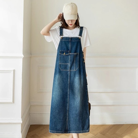 Women Denim Dresses Spring Summer Big Pocket Loose Casual