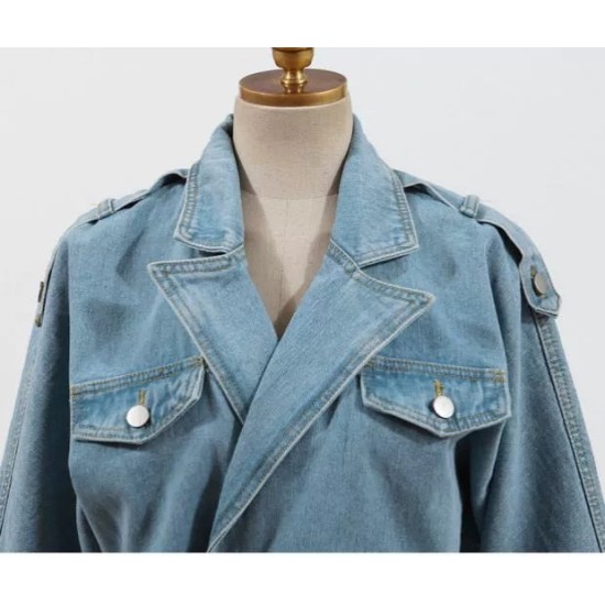 Elegant Full Sleeve Split Women Denim Dress Notched Collar