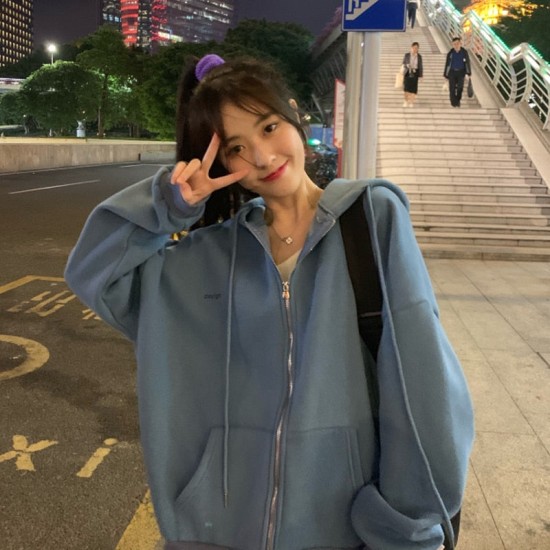 Version Hooded Sweatshirts Women Winter Solid Zip Up Loose Jacket Coats