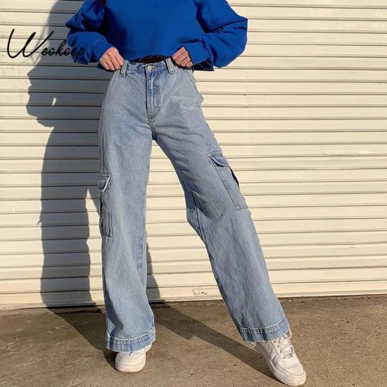 Pockets Patchwork High Waist Jeans Streetwear Straight