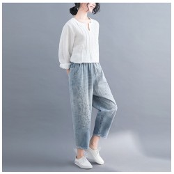 Jeans Women Floral Embroidery Vintage Casual Loose Breeches Boyfriend