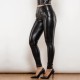 High Waist Shiny Black Ring Zipper PU Leather Pants Elastic Push Up