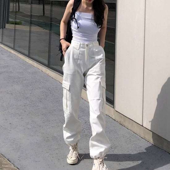 Fashion Cargo Women's Pants Pocket White Streetwear High Waist Trousers Vintage Straight