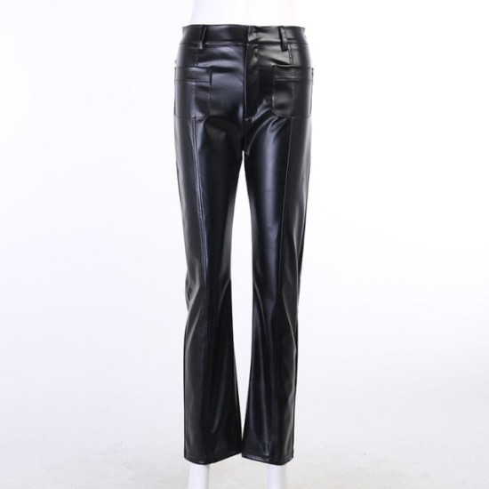 Faux Leather Pant Pockets Straight Pant Trousers Elegant High Waist Office
