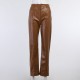 Faux Leather Pant Pockets Straight Pant Trousers Elegant High Waist Office