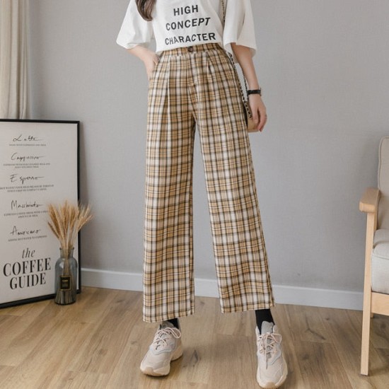 Vintage Plaid Pants Women Elastic Waist Loose Pants
